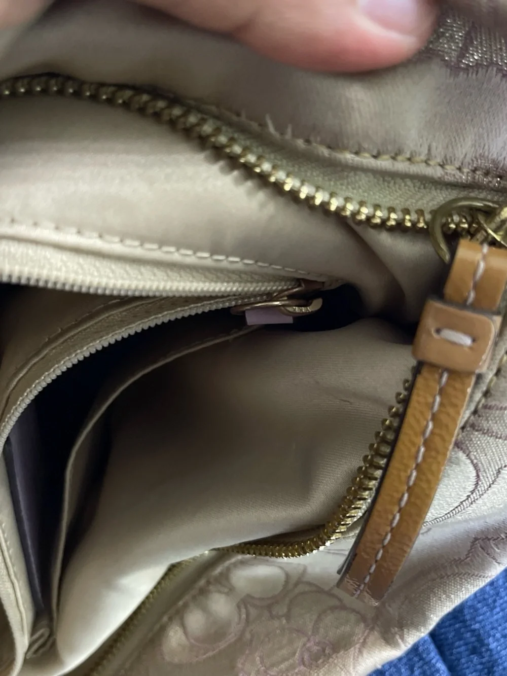 Coach Beige Signature Jacquard Shoulder Bag with metallic purple butterflies